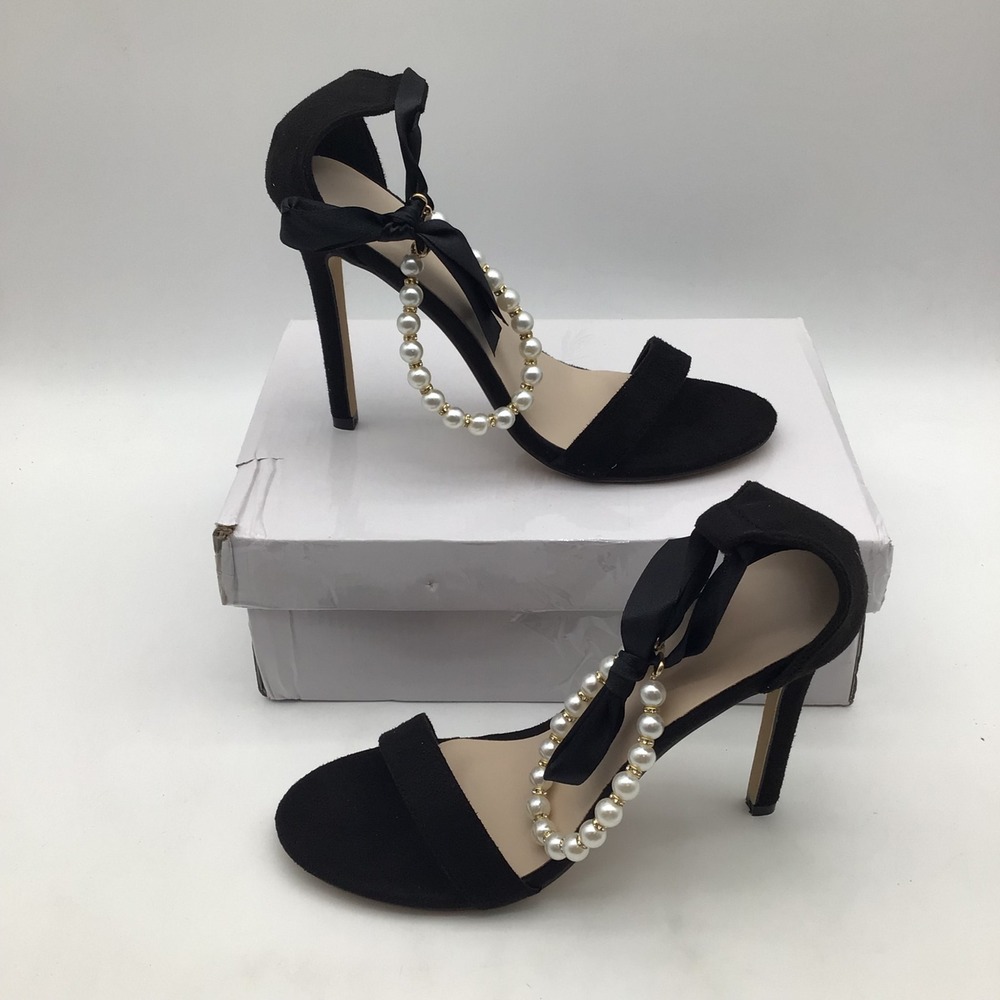Womens Black Suede Stiletto Heels Pearl Ankle Strap Ribbon Bow Size 9 US NEW